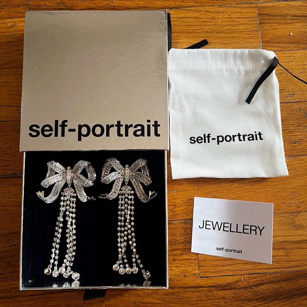 Self Portrait Large Crystal Bow Droplet Earrings. Brand New with Gift Box+Bag